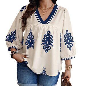 Plus Size Flowy Blouse Geo Print V Neck Long Puff Sleeve Off White/Blue 0X-4X
